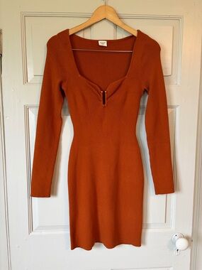 Abercrombie & Fitch Ribbed Long-Sleeve Dress in Rust Orange